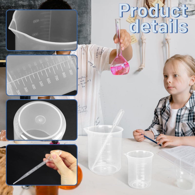 Twdrer 7 Sizes Plastic Beaker Set,Clear Measuring Graduated Liquid Container Beakers in 30ml/50ml/100ml/150ml/250ml/500ml/1000ml for Laboratory Measuring with 20 PCS Plastic Droppers in 3 ml - Image 3